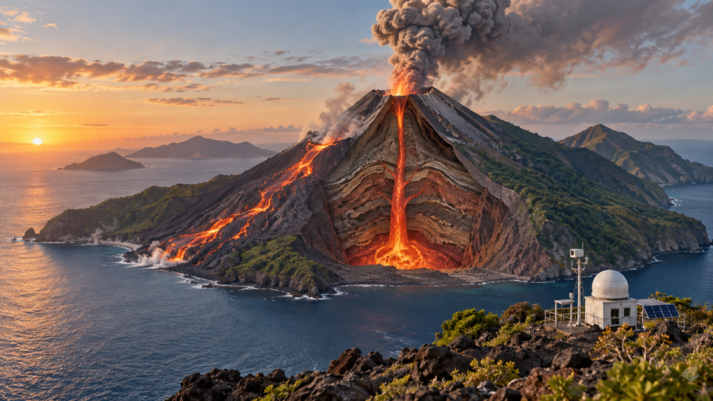 Volcan insulaire en coupe avec coulée de lave, panache de cendres et observatoire scientifique.