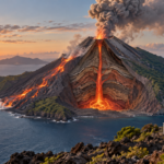 Volcan insulaire en coupe avec coulée de lave, panache de cendres et observatoire scientifique.