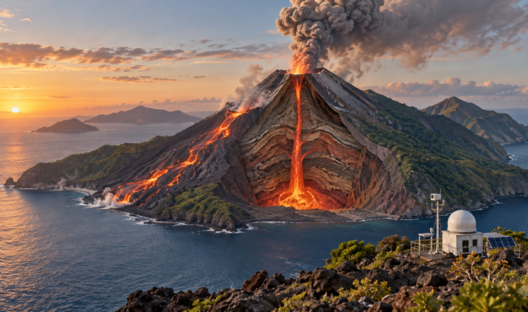 Volcan insulaire en coupe avec coulée de lave, panache de cendres et observatoire scientifique.