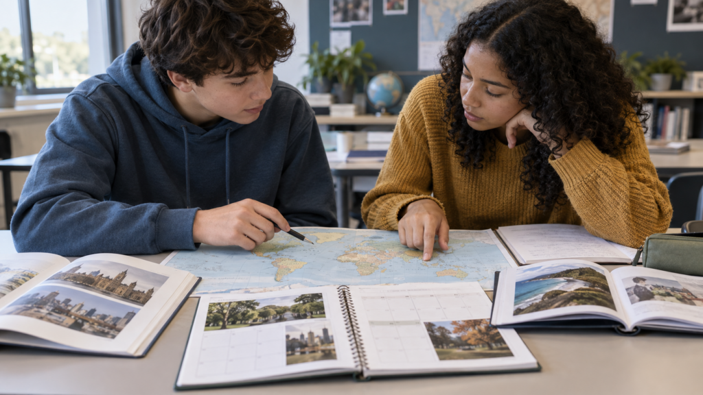 Deux élèves comparent une carte et des documents culturels sur l’Angleterre, les États-Unis et l’Australie.