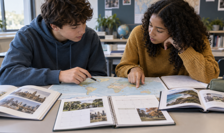 Deux élèves comparent une carte et des documents culturels sur l’Angleterre, les États-Unis et l’Australie.