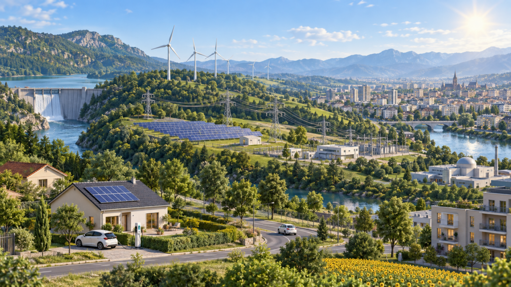 Illustration d'une éolienne, de panneaux solaires et d'un réseau électrique pour une leçon sur les énergies en 3e.