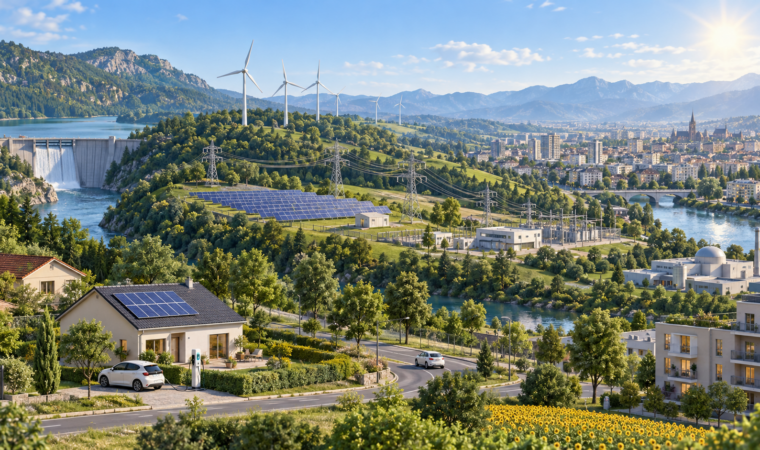 Illustration d'une éolienne, de panneaux solaires et d'un réseau électrique pour une leçon sur les énergies en 3e.