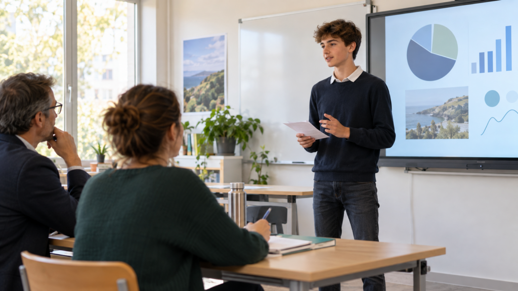 Élève de troisième présentant un projet devant deux enseignants lors d'un oral blanc.