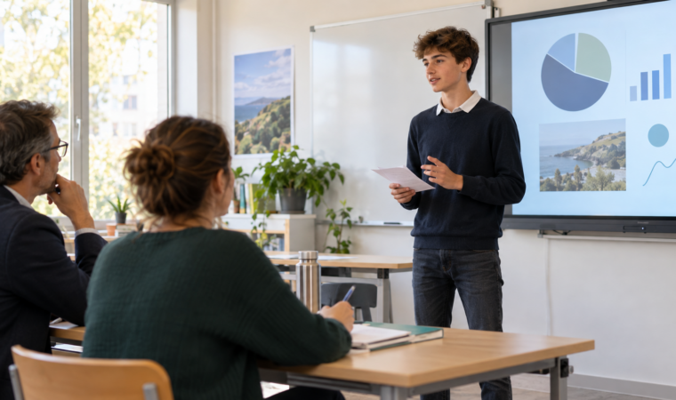Élève de troisième présentant un projet devant deux enseignants lors d'un oral blanc.