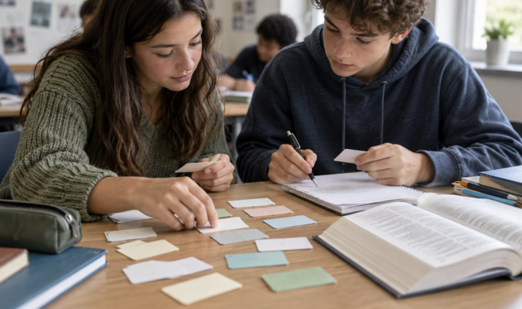 Deux élèves associent des cartes de mots et rédigent des phrases en anglais dans un cahier.
