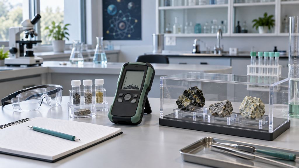 Illustration pédagogique d'un atome et d'un compteur de radioactivité pour une leçon de 3e.