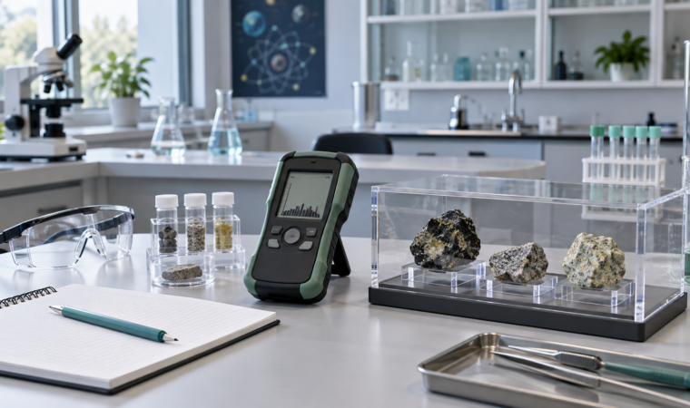 Illustration pédagogique d'un atome et d'un compteur de radioactivité pour une leçon de 3e.
