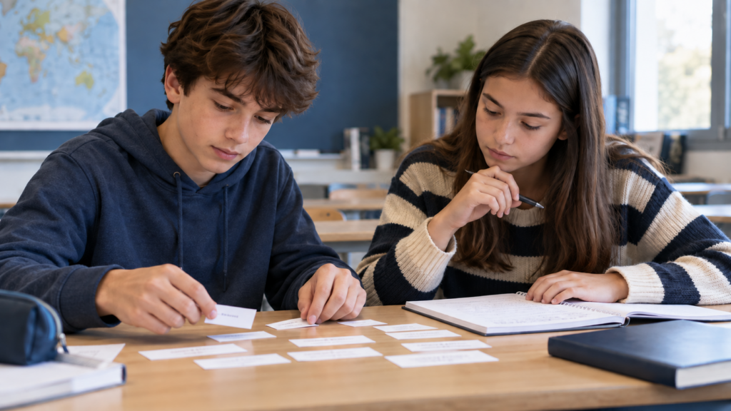 Deux collégiens réorganisent des cartes de mots et vérifient une phrase dans un cahier en cours d’anglais.