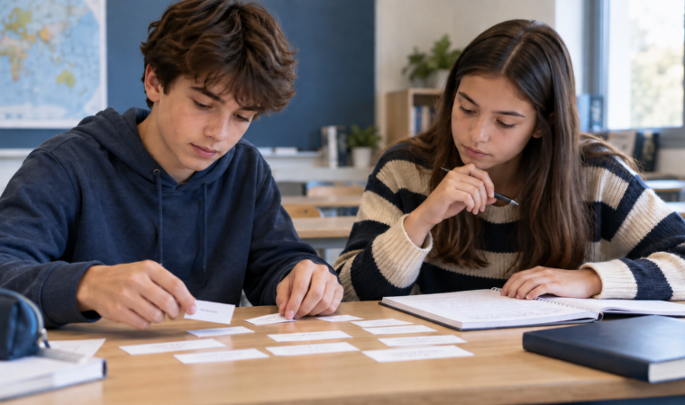 Deux collégiens réorganisent des cartes de mots et vérifient une phrase dans un cahier en cours d’anglais.