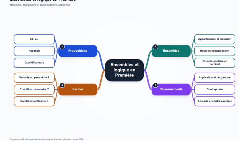 Carte mentale de Ensembles et logique en Première, synthèse du programme de mathématiques