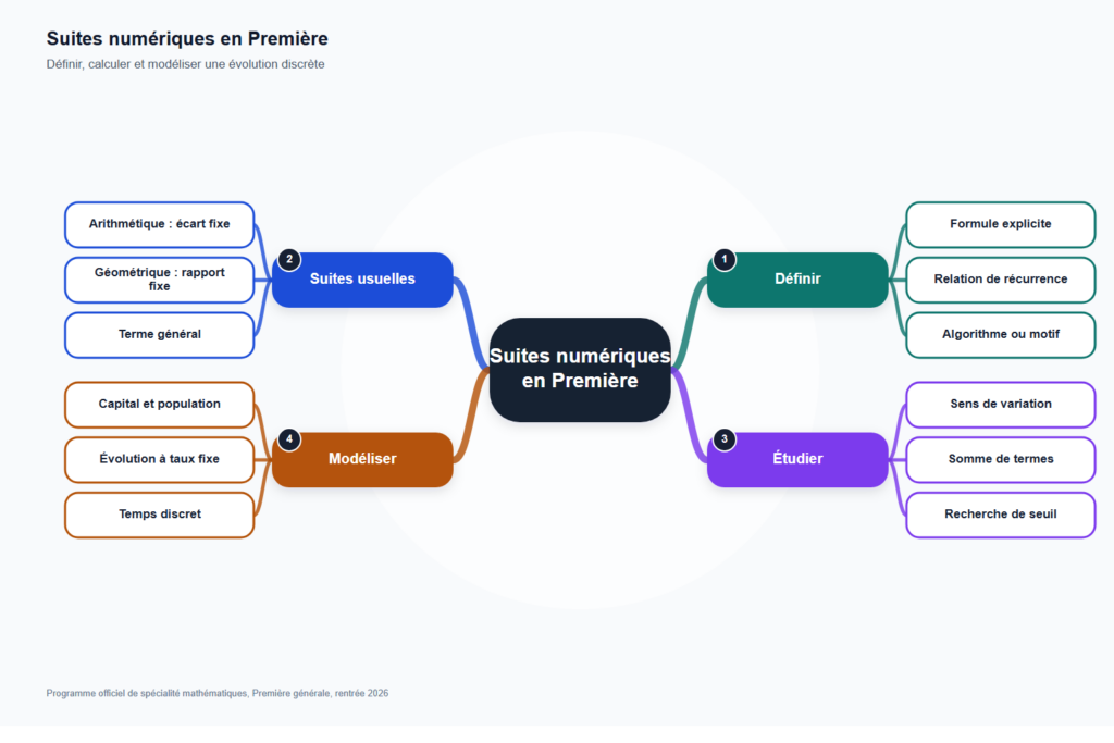 Carte mentale de Suites numériques en Première, synthèse du programme de mathématiques