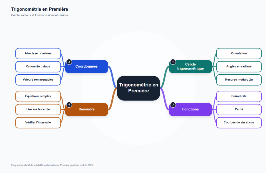 Carte mentale de Trigonométrie en Première, synthèse du programme de mathématiques