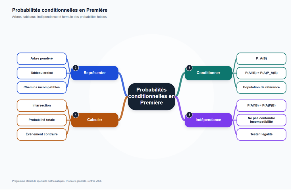Carte mentale de Probabilités conditionnelles en Première, synthèse du programme de mathématiques