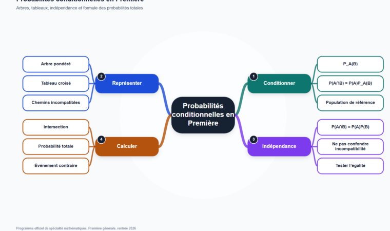 Carte mentale de Probabilités conditionnelles en Première, synthèse du programme de mathématiques