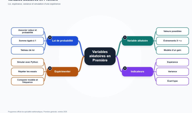 Carte mentale de Variables aléatoires en Première, synthèse du programme de mathématiques