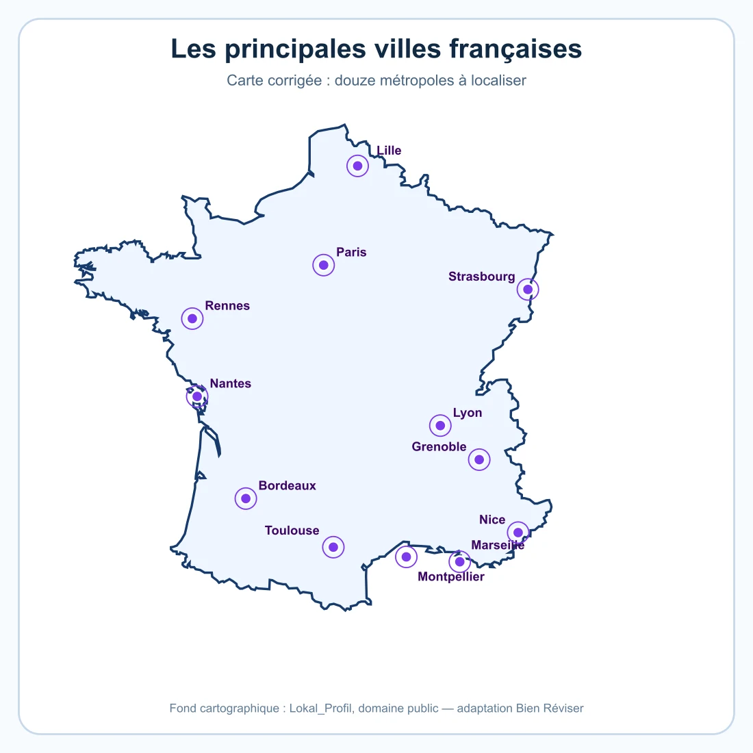Corrigé de la carte localisant douze grandes villes françaises
