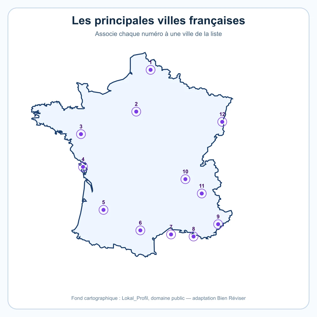 Carte muette numérotée localisant douze grandes villes françaises
