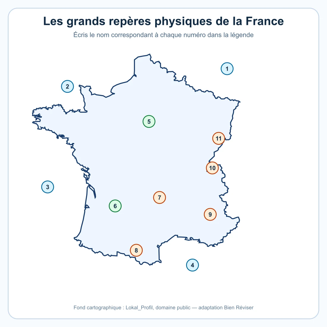 Carte muette numérotée de la France permettant de renseigner onze repères physiques