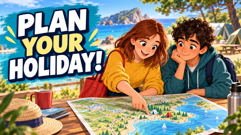 Sam et Mia planifient des vacances au bord de la mer devant une carte.