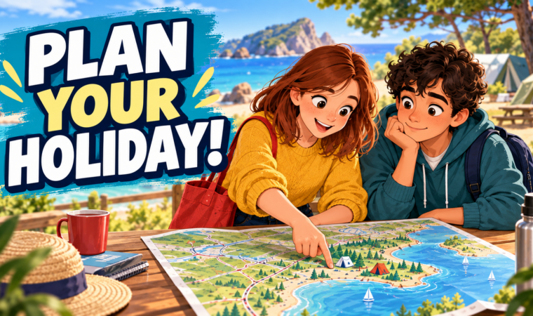 Sam et Mia planifient des vacances au bord de la mer devant une carte.