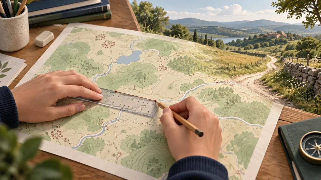 Deux mains mesurent une distance sur une carte avec une règle, tandis que le paysage correspondant apparaît au loin