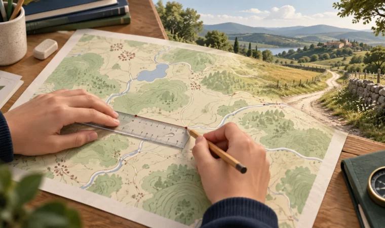 Deux mains mesurent une distance sur une carte avec une règle, tandis que le paysage correspondant apparaît au loin