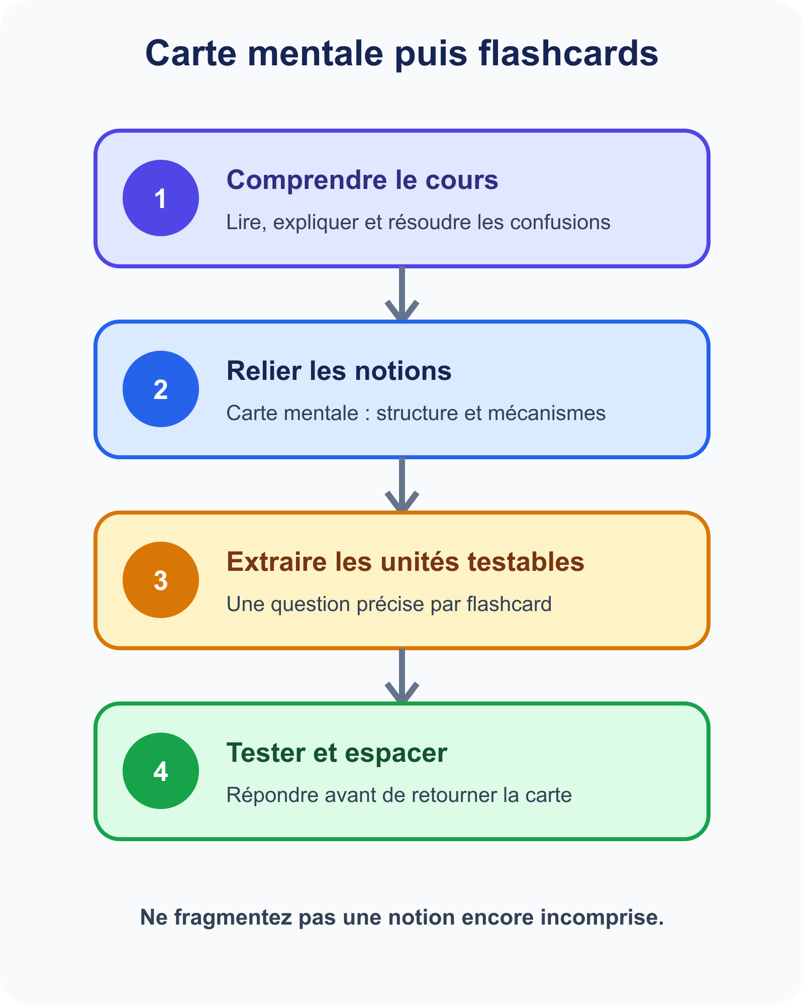 Workflow en quatre étapes pour associer carte mentale et flashcards
