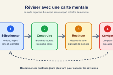 Cycle de révision avec une carte mentale : sélectionner, construire, restituer sans regarder puis corriger
