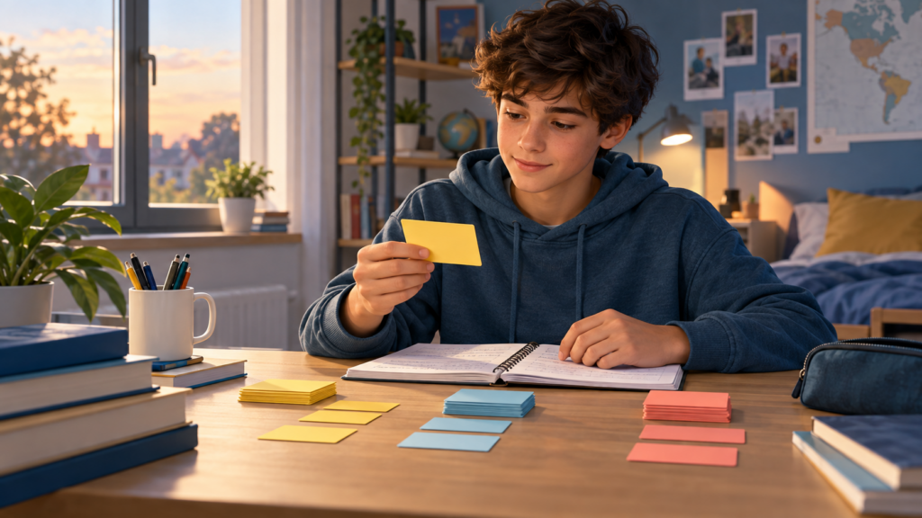 Un collégien révise des cartes de verbes irréguliers anglais sur son bureau.