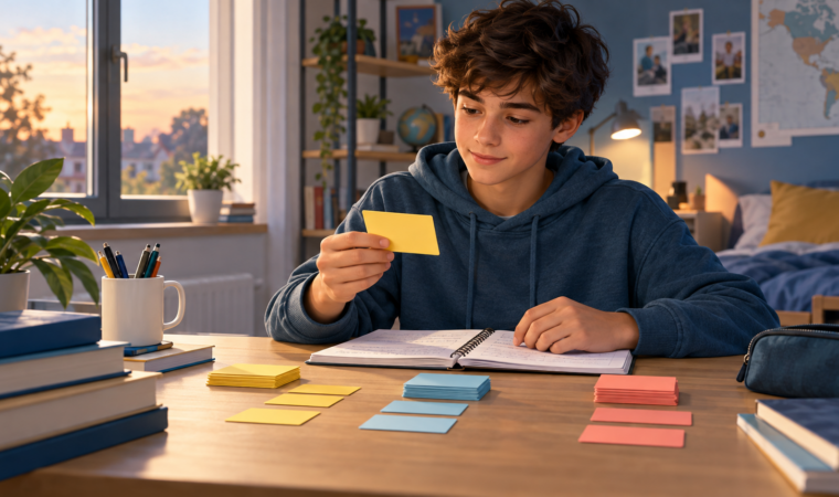 Un collégien révise des cartes de verbes irréguliers anglais sur son bureau.