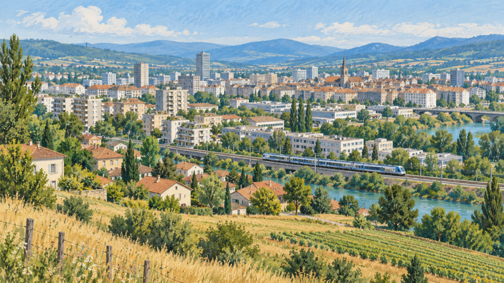 Paysage urbain imaginaire avec immeubles, maisons, champs et train de voyageurs.