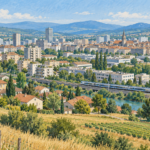 Paysage urbain imaginaire avec immeubles, maisons, champs et train de voyageurs.