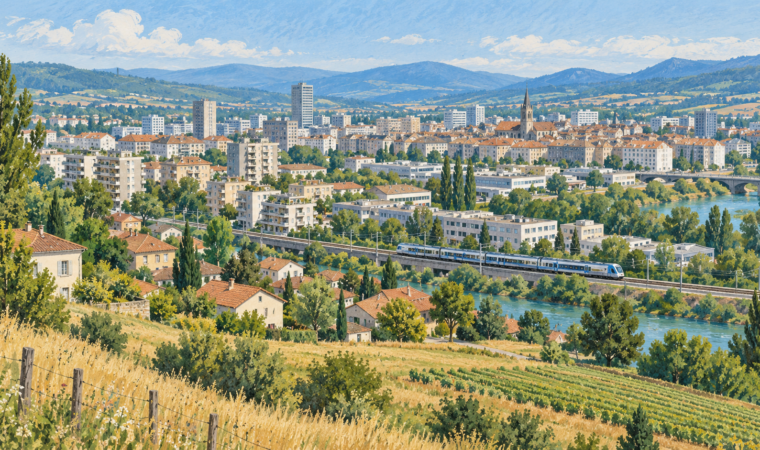 Paysage urbain imaginaire avec immeubles, maisons, champs et train de voyageurs.