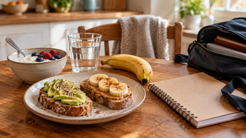 Tartines garnies, yaourt aux fruits, banane et verre d’eau à côté d’un cahier et d’un sac scolaire.