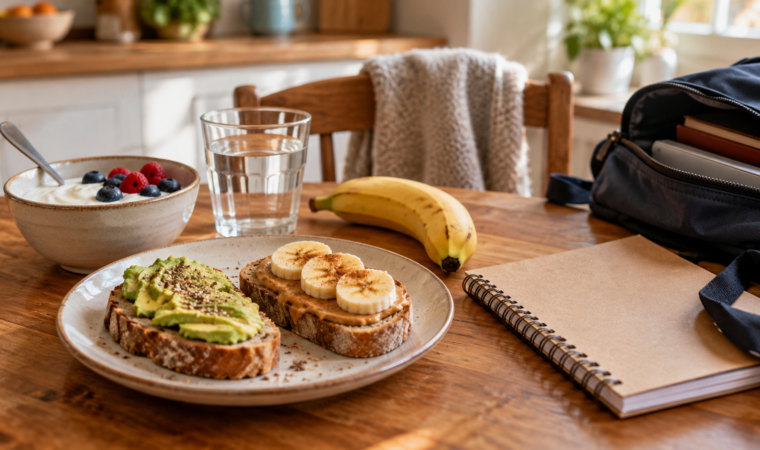 Tartines garnies, yaourt aux fruits, banane et verre d’eau à côté d’un cahier et d’un sac scolaire.