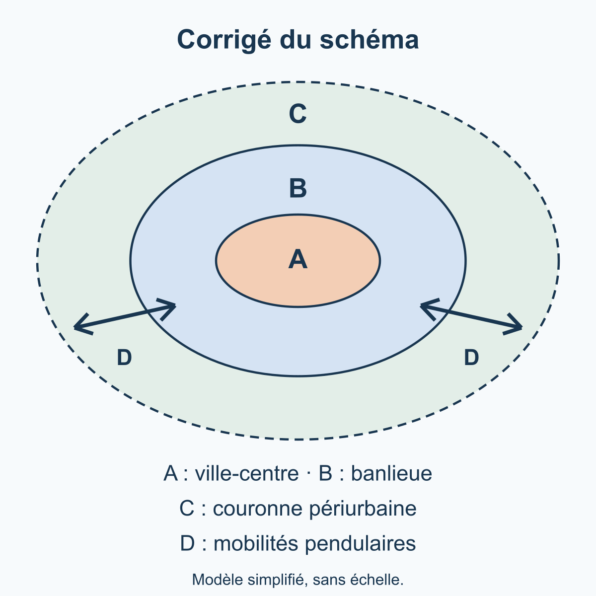 Corrigé : A, ville-centre ; B, banlieue ; C, couronne périurbaine ; D, mobilités pendulaires.